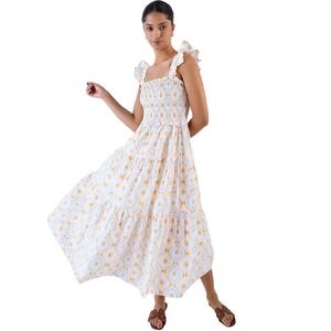 Beyond‎ by Vera Smocked Midi Dress Ruffle Sleeve Tiered Cotton All Over Print S